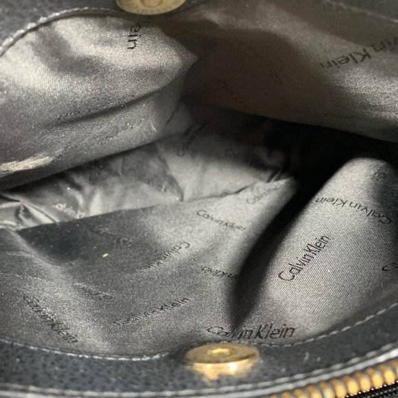 Calvin Klein Black Metallic Gold Tan Structured Satchel Buckle Lock Key EUC - Picture 15 of 16